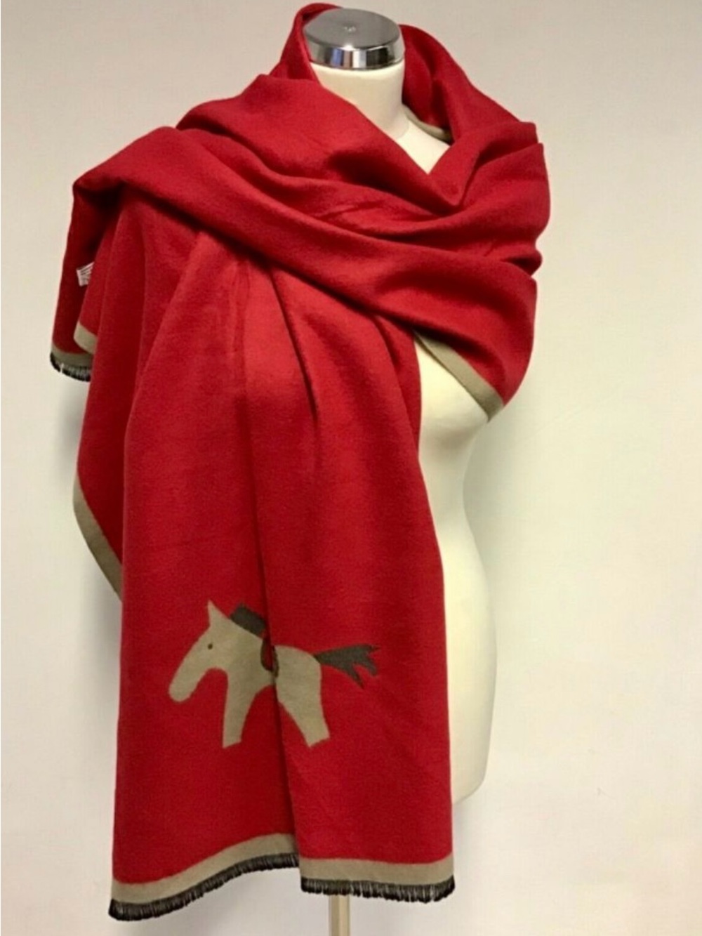 HERMES PARIS RED & FAWN REVERSIBLE WOOL & CASHMERE WRAP SCARF